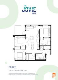 A floor plan for a 3 bedroom, 2 bathroom apartment sized at 1006 square feet.
