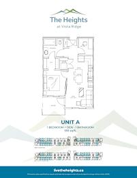 A floor plan for a unit at The Heights at Vista Ridge, showing a bedroom, den, and bathroom.