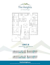 A floor plan for a unit at The Heights at Vista Ridge, showing a living room, dining room, kitchen, and two bedrooms.