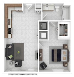 A floor plan of a small apartment with a kitchen, living room, and bathroom.