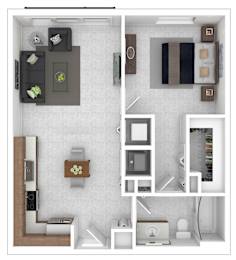 A floor plan of a house with a kitchen, living room, and bathroom.