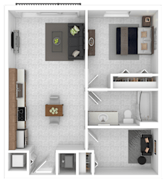 A 3D floor plan of a small apartment with a kitchen, living room, and bathroom.
