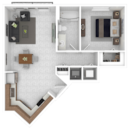 A floor plan of a house with a kitchen, living room, and bathroom.