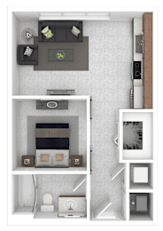 A 3D rendered image of a small apartment layout.