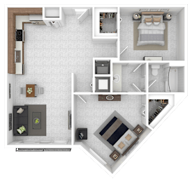 A 3D floor plan of a small apartment with a kitchen, living room, and bedroom.