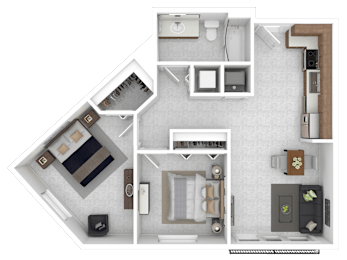A top-down view of a small apartment layout with a kitchen, living room, and bathroom.