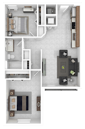 A floor plan of a house with a kitchen, living room, and two bedrooms.