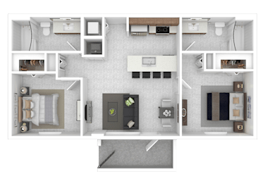 A top-down view of a small apartment layout with a kitchen, living room, and bedroom.