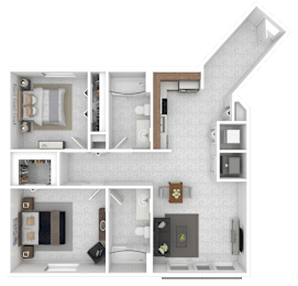 A 3D floor plan of a house showing a kitchen, living room, and bathroom.