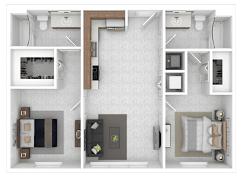 A top down view of a small apartment with a kitchen, living room, and bathroom.