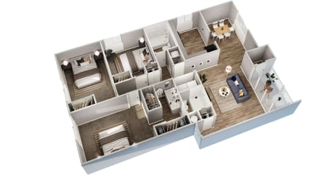 a 3d floor plan of a house with a bedroom and a living room