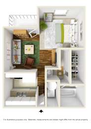 A cutaway diagram of a small apartment with a kitchen, living room, and bathroom.