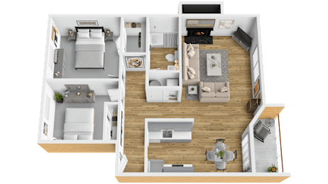 A 3D floor plan of a house showing a living room, kitchen, dining area, and bedrooms.
