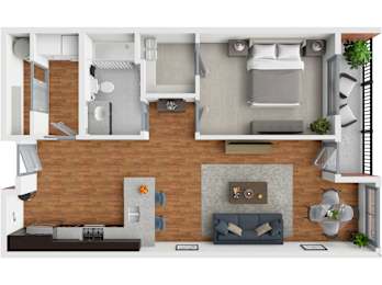 A 3D rendered image of a modern living room with a fireplace and a grey sofa.