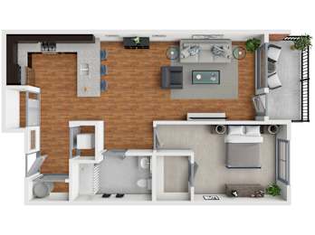 A 3D floor plan of a house with a kitchen, living room, and bathroom.