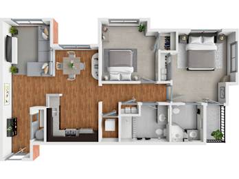 A 3D floor plan of a house with a kitchen, living room, and bathrooms.