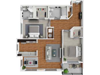 A top-down view of a living room, kitchen, and dining area.