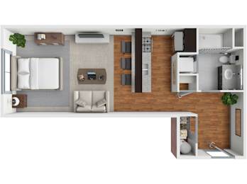 A top-down view of a modern living room with a couch, a coffee table, and a television.