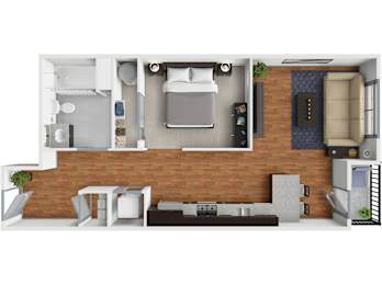A modern apartment layout with a bedroom, living room, and kitchen.