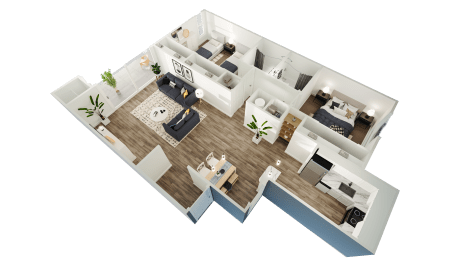 a 3d floor plan of a home with a bedroom and a living room