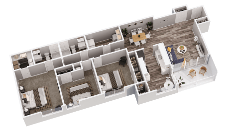 a 3d floor plan of a house with a bedroom and a living room