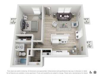 A floor plan of an apartment with a living room, kitchen, and bathroom.