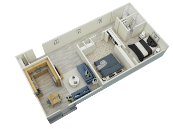 A 3D floor plan of a small apartment with a living room, kitchen, and bedroom.