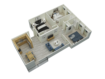 A 3D rendered image of a small apartment layout.