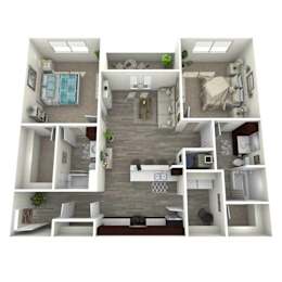 A 3D floor plan of a small apartment with a kitchen, living room, and bedroom.