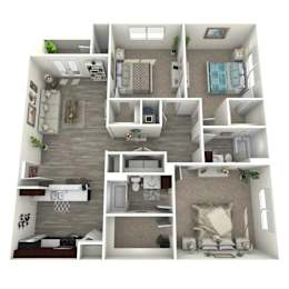 A 3D floor plan of a small apartment with a living room, kitchen, and bedroom.