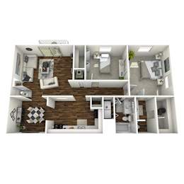 A 3D floor plan of a house with a kitchen, living room, and bedrooms.