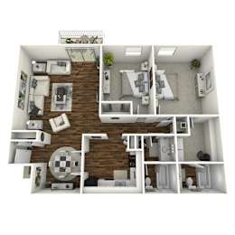 A 3D floor plan of a house with a kitchen, living room, and bathroom.