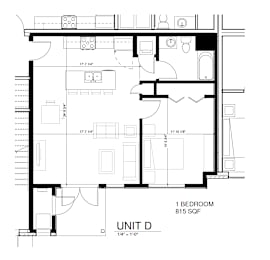 A black and white image of a floor plan for a 1 bedroom apartment.