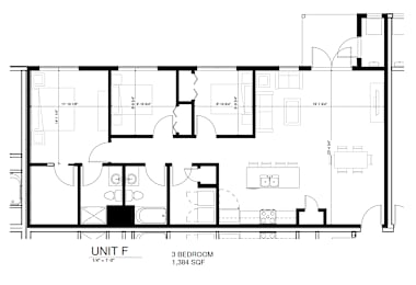 A black and white image of a floor plan for Unit F, a 3 bedroom, 1384 square foot apartment.