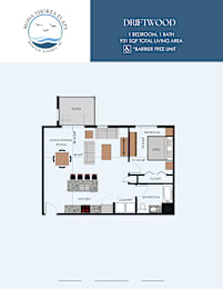 A floor plan for a property at Moka Shores shows a one bedroom, one bath unit with a living/dining area, kitchen, bathroom, and closet.