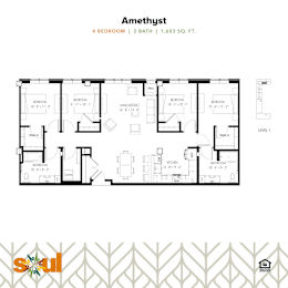 A floor plan for a 2 bathroom, 4 bedroom apartment.