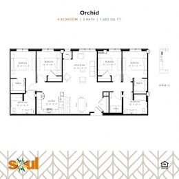 A floor plan for a 2 bathroom, 4 bedroom Orchid home.