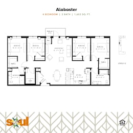 A floor plan for a 4 bedroom, 2 bath, 1602 square foot home.
