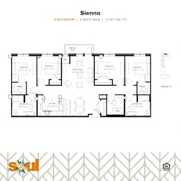 A floor plan for a 4 bedroom, 2 bath apartment with a total of 1,701 square feet.