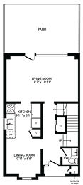2d floorplan of the ground floor of a 3 bedroom, 2 bathroom town home