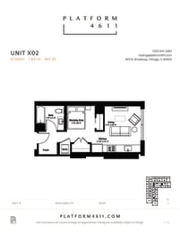Studio floor plan of unit x2 at Platform 4611, Chicago Illinois