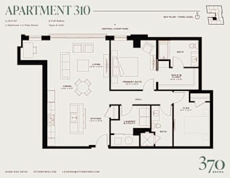 Apartment 310 floor plan with a living area, dining area, kitchen, and bathrooms.
