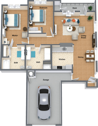 a floor plan of a house with a car in the garage