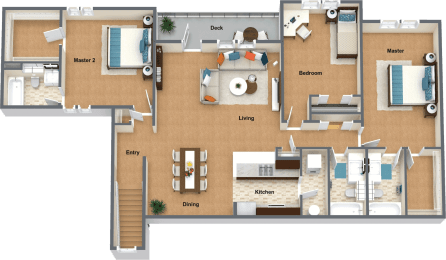 a floor plan of a house with furniture and a swimming pool