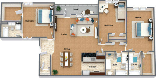 a floor plan of a house with furniture and a balcony