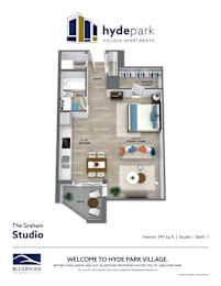 A floor plan of a studio apartment in Hyde Park Village.