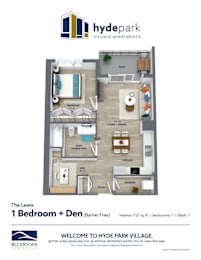 A floor plan for a one bedroom apartment with a den barrier free