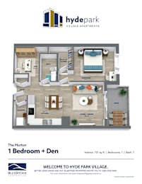 A floor plan for a 1 bedroom apartment with den at Hyde Park Village Apartments.