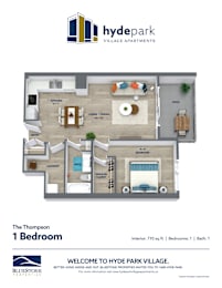 A floor plan for a one bedroom apartment at Hyde Park Village.