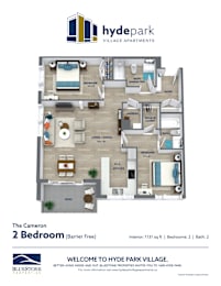 A floor plan for a 2 bedroom barrier free apartment at Hyde Park Village.